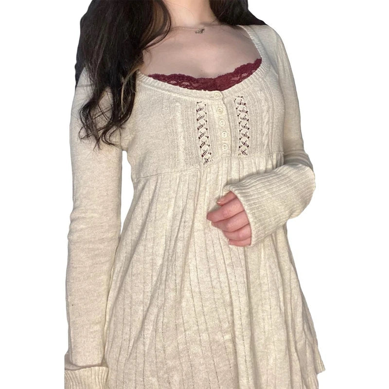 Aesthetic Coquette Knit Sweaters Outfit Vintage Babydoll Tops Pullovers Lady Autumn Square Neck Long Sleeve Knitwear Jumpers Y2k