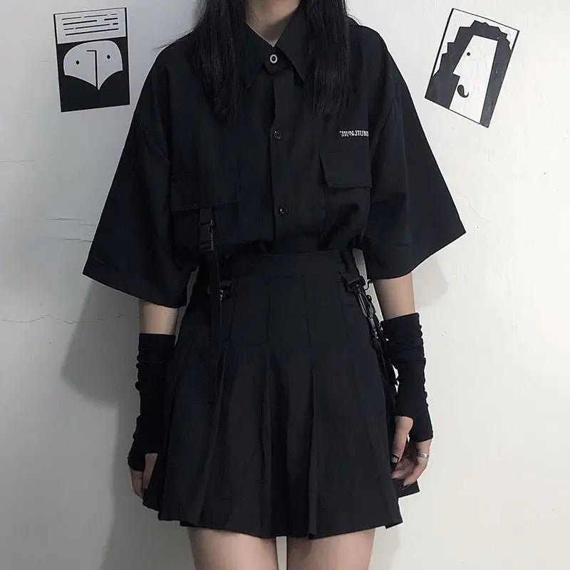 Gothic Skirt Set Loose Shirt Pleated Mini Skirts 2 Piece Sets Korean Retro Casual Outfits Women Spring Summer Aesthetic Y2k Suit