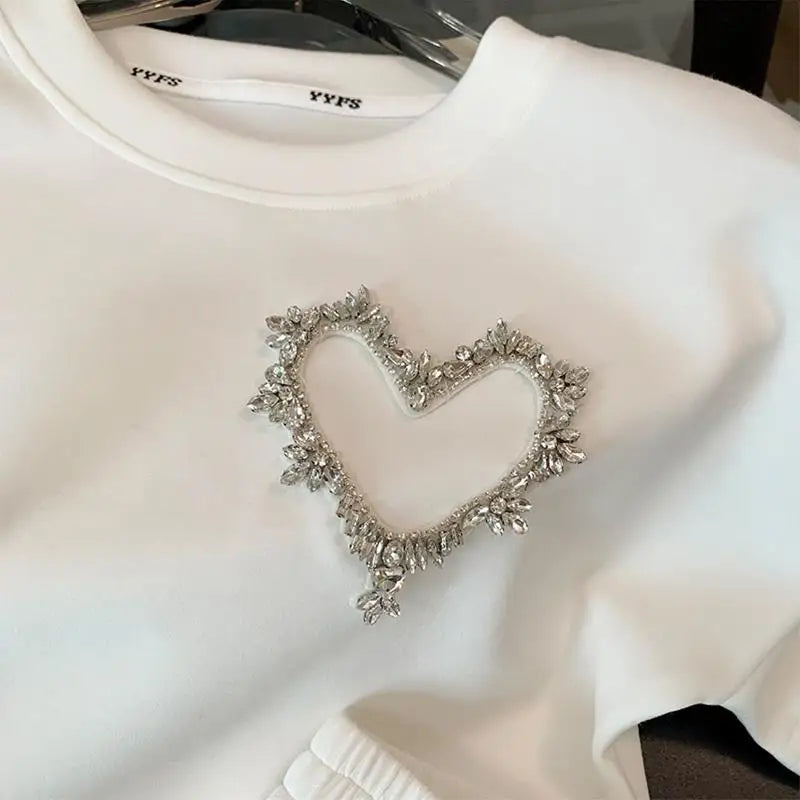 Korean style Oversized T-shirt Shorts Suit Women O-Neck Heart-shaped diamond decoration T-shirts Loose Straight Sports Shorts