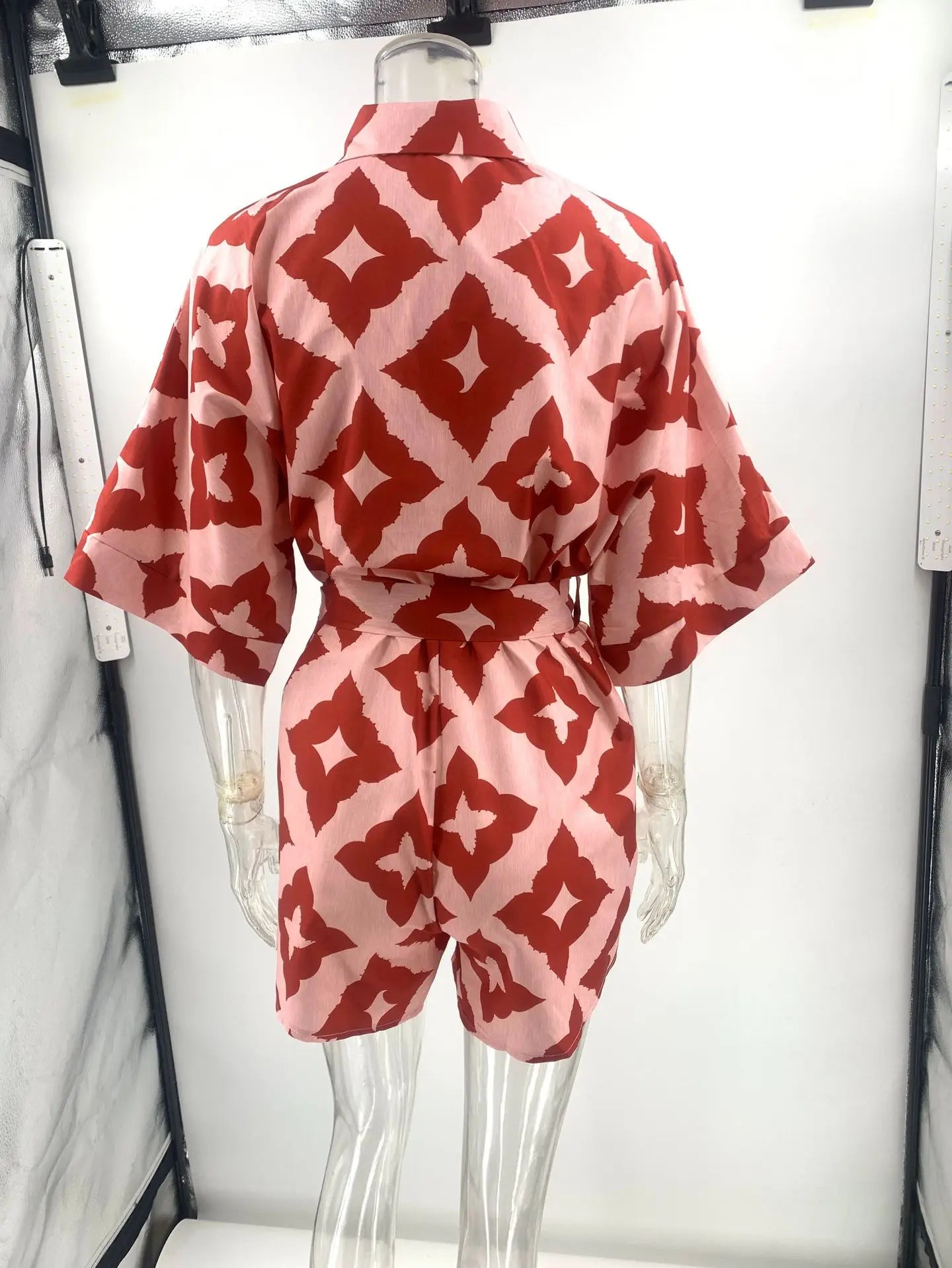 2024 New Autumn Women Loose casual Print Strap Jumpsuit Red Print Bow Tie Turndown Collar Loose Bodysuit Sexy Outfits Streetwear