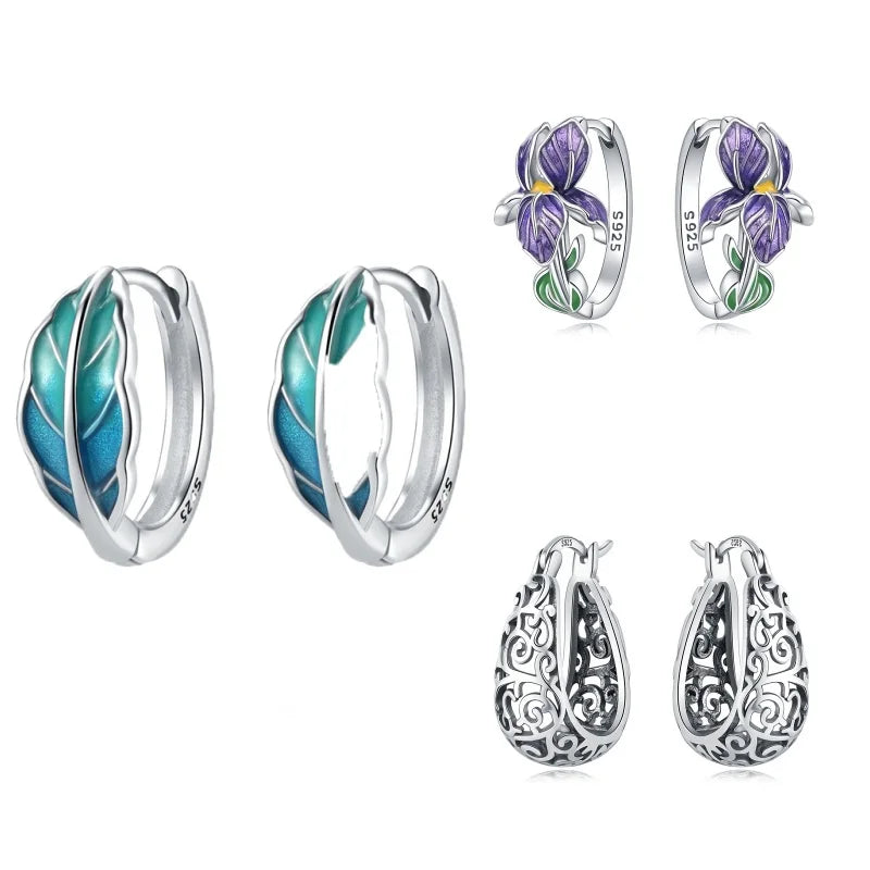 925 Sterling Silver Floral plant series greenery iris vine Hoop Earrings For Women Wedding Engagement Birthday Jewelry Gift 2024