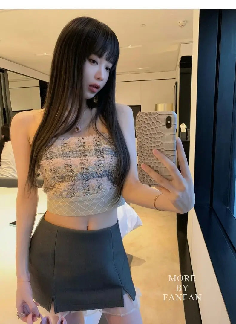 Sexy  Camis Plaid Chic  tube top Slim Korean Tanks Top Sleeveless Elegant  Crop Top Summer Women Bustier