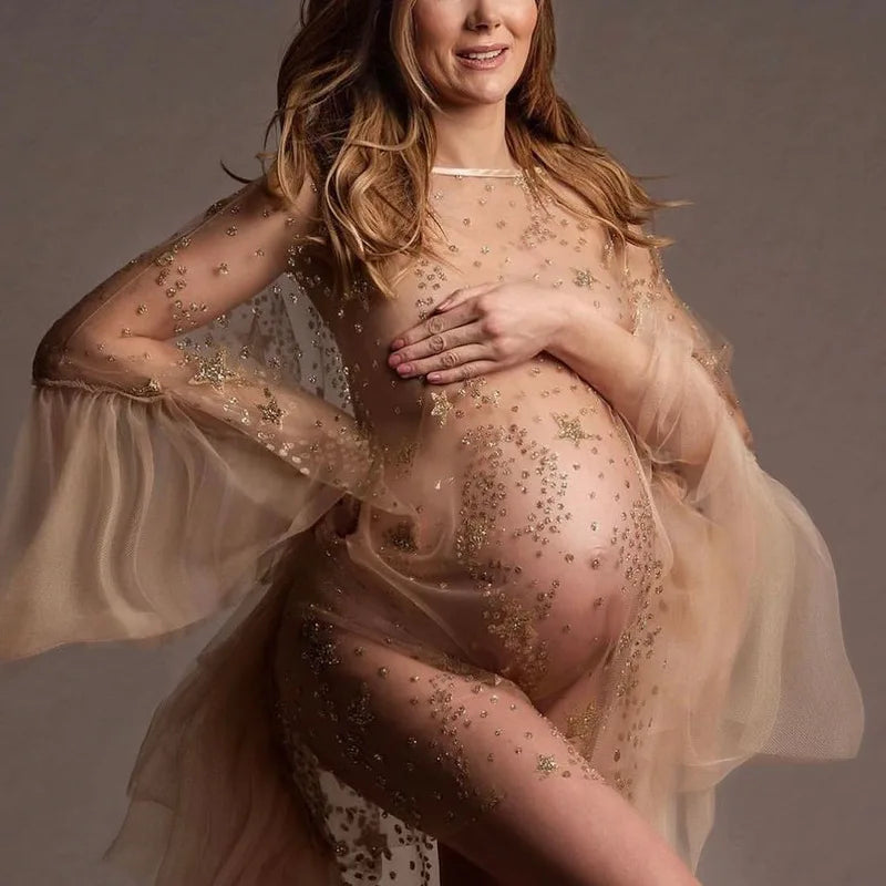 Pregnant Women Mini Dress For Photography Props Solid Color Premama Sequined Stars Photoshoot Dresses Maternity Baby Shower Gown