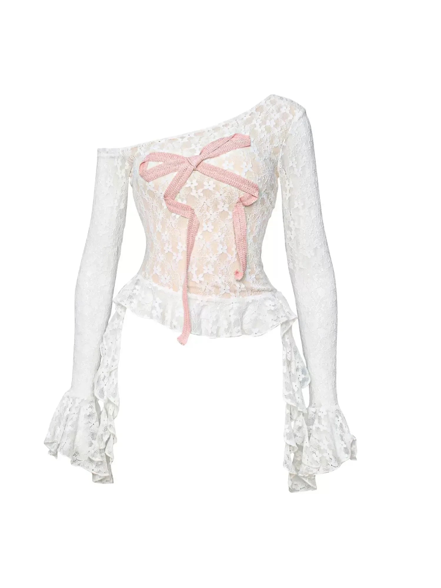 2024 New Korean Fashion Sweet T-shirts Sexy Long Sleeve Bowk Lace Tee Shirt Y2K Streetwear Female Clothing Irregular Tops Chic