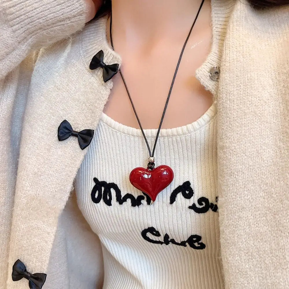 Casual Christmas Red Bow Necklace Jewelry Love Necklace Personalized Gifts Heart Pendant Creative Sweater Chain For Women Girls