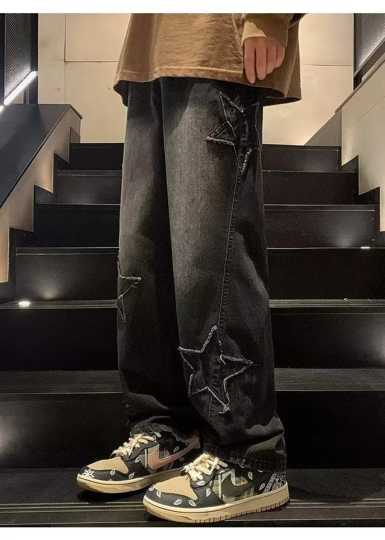 Star Embroidery Straight Casual Men Jeans Gothic Neutral New Wide Leg Loose Hip-hop Streetwear Denim Trousers Y2K pants man