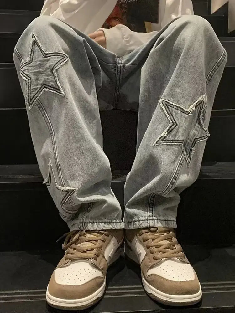 Star Embroidery Straight Casual Men Jeans Gothic Neutral New Wide Leg Loose Hip-hop Streetwear Denim Trousers Y2K pants man