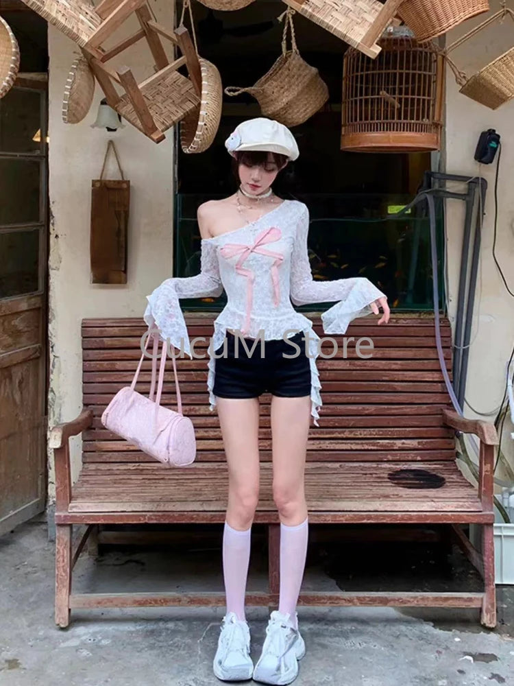 2024 New Korean Fashion Sweet T-shirts Sexy Long Sleeve Bowk Lace Tee Shirt Y2K Streetwear Female Clothing Irregular Tops Chic