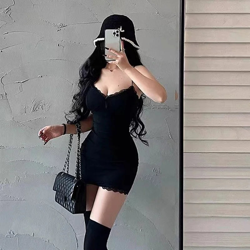 Sexy Lace Splicing Sleeveless Mini Dress Women Skinny Sling Red Sundress Short Club Summer Black Bodycon Dresses Party Girls