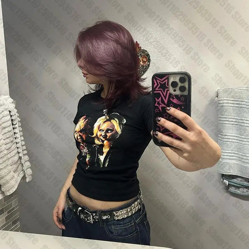Goth Emo Crop Top Streetwear Aesthetic Grunge Baby Tee Vintage Women punk horror doll graphics Short Sleeve T-Shirt Y2k Clothes