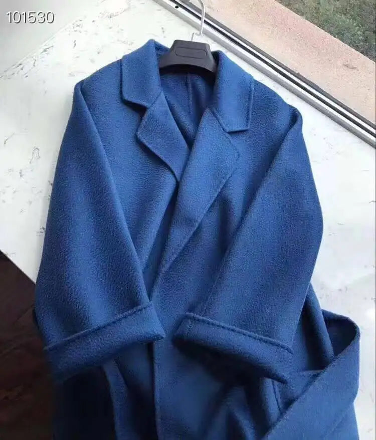 Korean Women Handmade Hepburn Corrugated Water Ripples Coat Double-sided Cashmere Wool Long Woolen Jacket Cashmere Coat Max