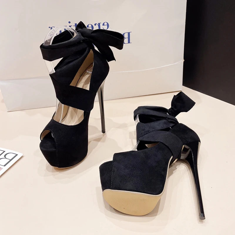 Liyke Black High Heels For Women 2025 Fashion Ankle Cross Strap Platform Pumps Sexy Peep Toe Party Dress Shoes Stiletto Sandals