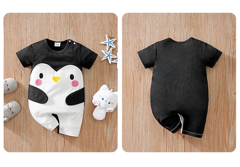 Baby Cute Jumpsuit Cartoon Penguin Pattern Summer Ha Yi Newborn Hoodie Casual Short Sleeve Outerwear