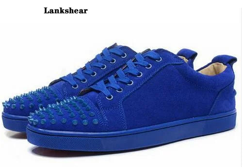 Men Suede Flat Cool Rivets Lace-Up Sneakers Newest Round Toe Black Red Blue Green Grey Studs Causal Flat Shoes Work Shoes