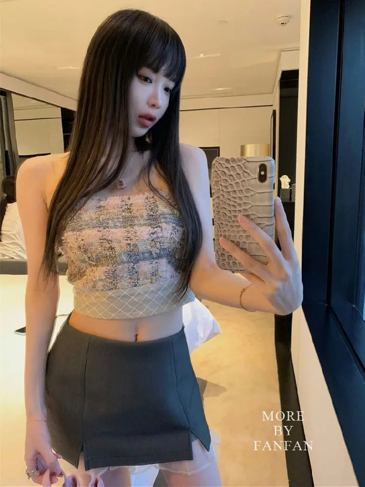 Sexy  Camis Plaid Chic  tube top Slim Korean Tanks Top Sleeveless Elegant  Crop Top Summer Women Bustier