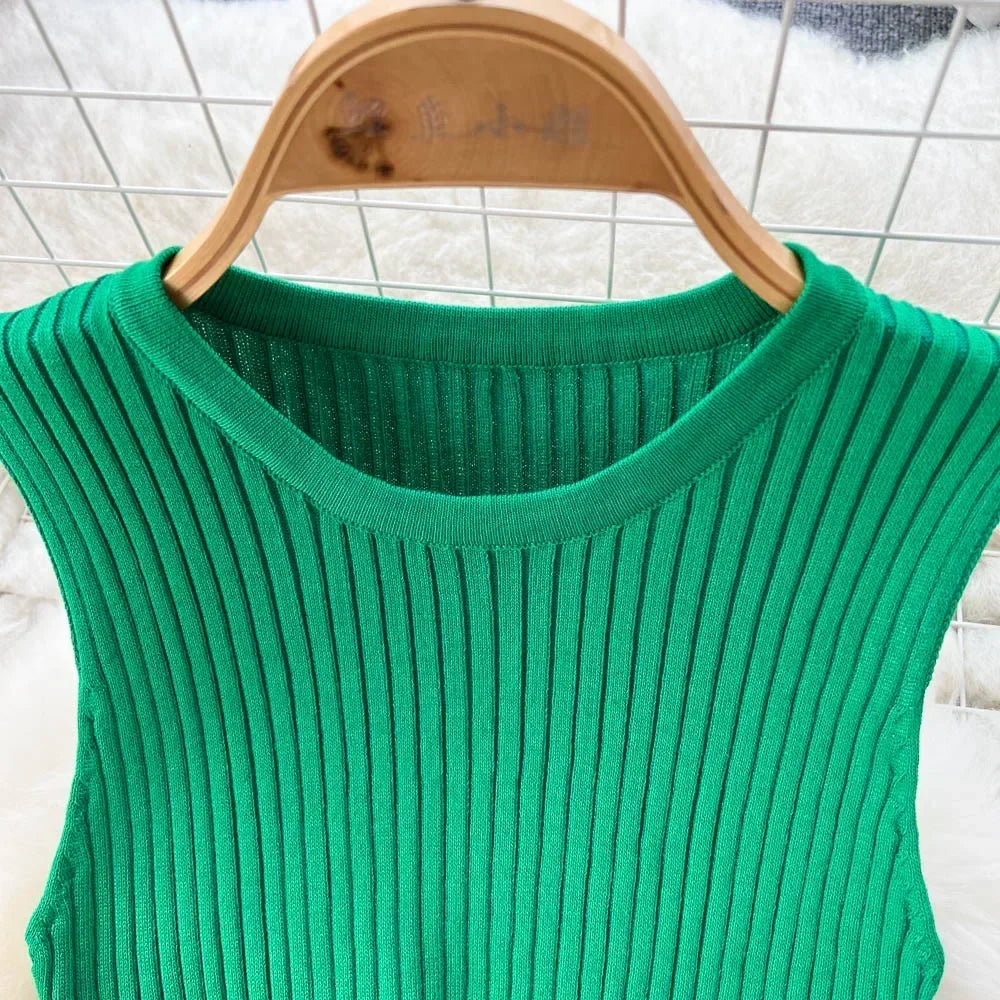 Abrini Summer Women Knitted Sexy Bodycon Dress O-Neck Sleeveless Ruffled Party Sundress High Street Elastic Slim Solid Dress