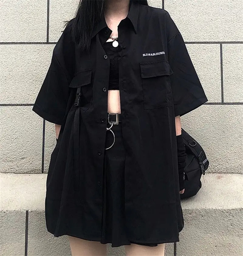 Gothic Skirt Set Loose Shirt Pleated Mini Skirts 2 Piece Sets Korean Retro Casual Outfits Women Spring Summer Aesthetic Y2k Suit