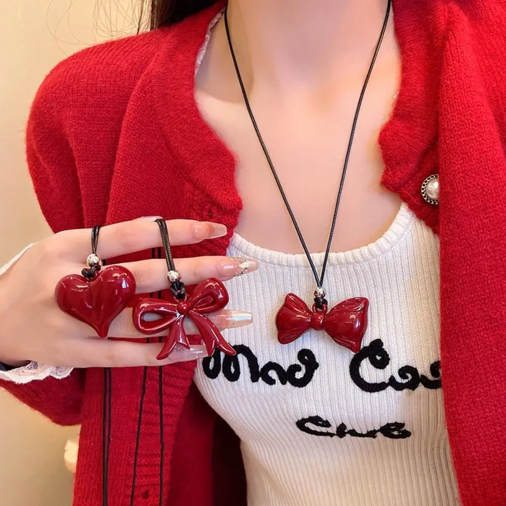 Casual Christmas Red Bow Necklace Jewelry Love Necklace Personalized Gifts Heart Pendant Creative Sweater Chain For Women Girls