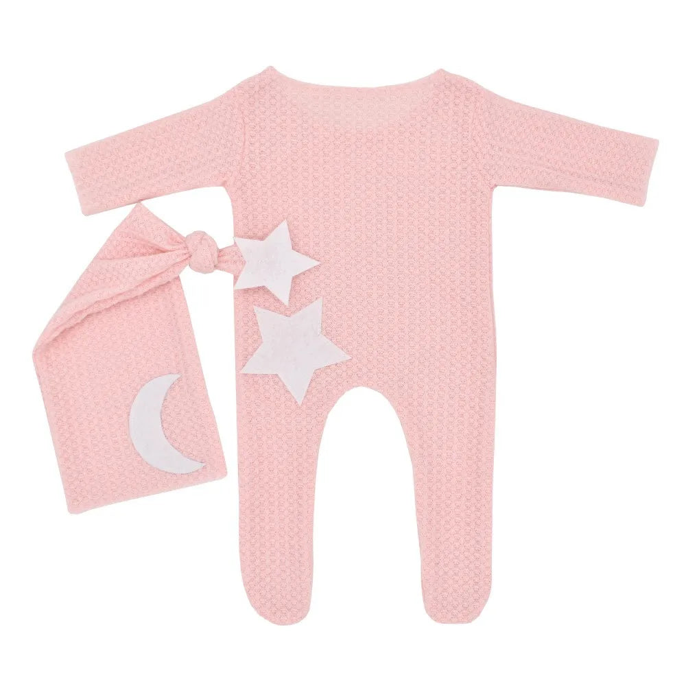 Ylsteed Newborn Footed Romper for Photoshoot Moon Star Patch Photography Outfit Baby Boy Picture Props Long Sleeve Jumpsuit