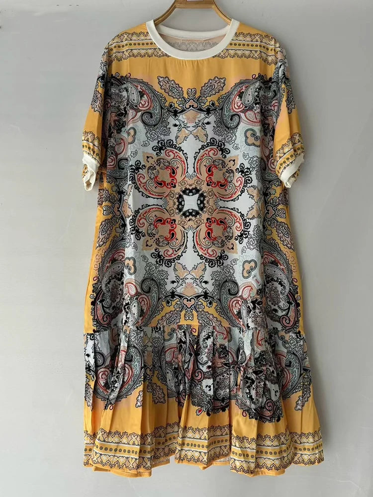 Elegant temperament geometric printing short-sleeved loose dress 2025 summer women's new stitching hem casual straight skirt