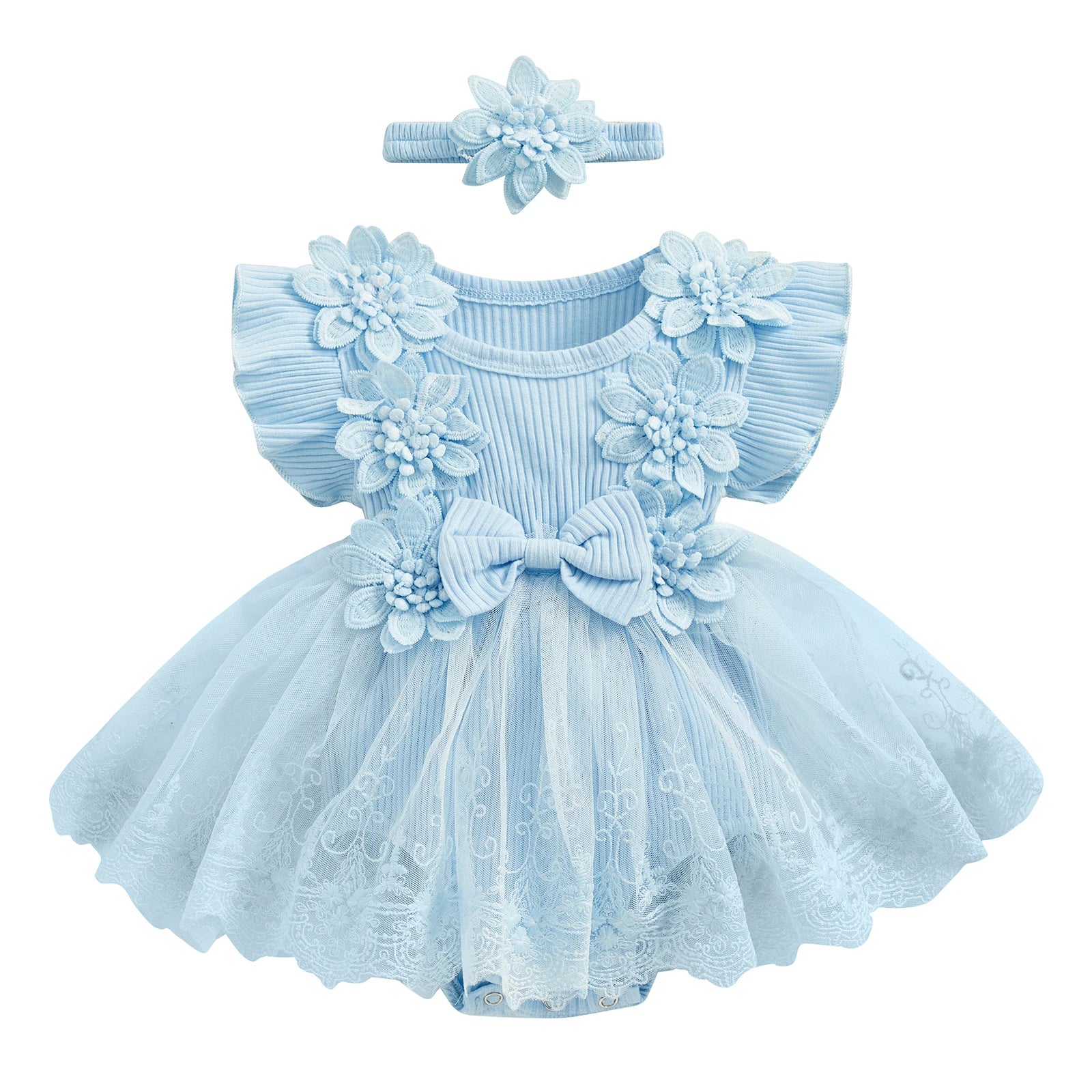 3D Flower Summer Baby Girls Romper Princess Mesh Newborn Clothes Lace Patchwork Ruffle Bodysuit Dress Headband Kids Clothing