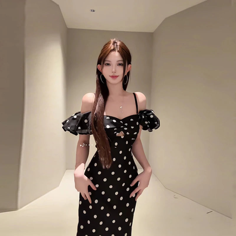 French Retro Off-Shoulder Polka Dot Printed Dresses Women Summer Sheath Holiday Elegant Female Long Dress