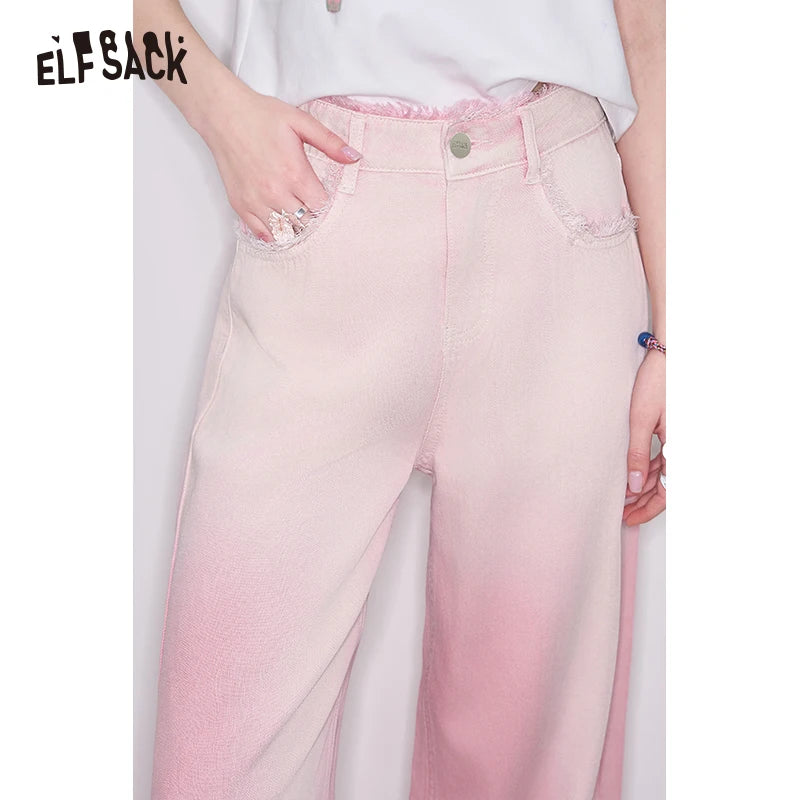 ELFSACK 2025 Spring New Arrivals Y2K Raw Edge High Waist Pink Gradient Jeans Women Sweet Wide Leg Pants