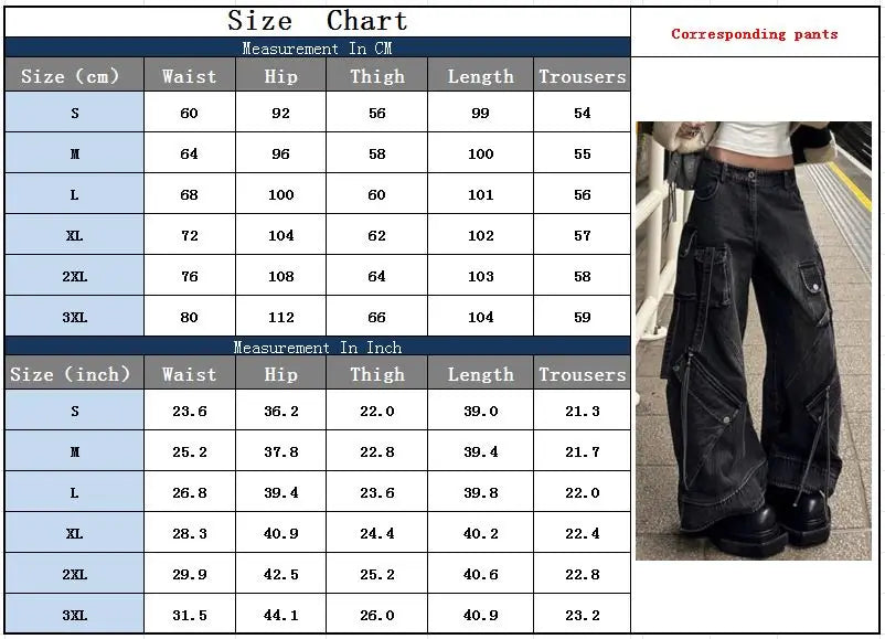 2024 Punk Style Y2K Streetwear Washed Black Baggy Cargo Jeans Pants For Women Designer Clothes Wide Leg Lady Trousers Ropa Mujer