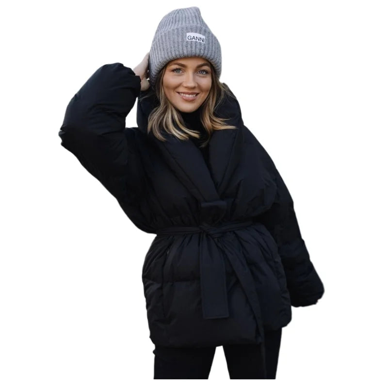 Winter Jacket Women Black Bubble Coat V Neck Wrap Belted Fashion Puffer Parka Invisible Pockets 2024 New Hot Sales