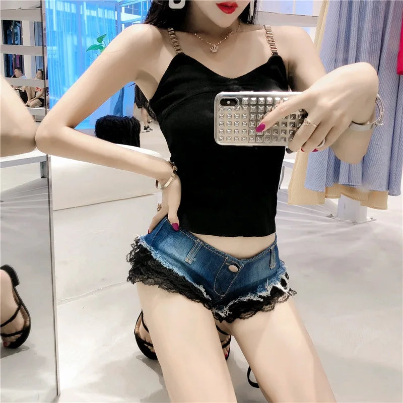 Y2k Shorts Women Nightclub Denim Shorts Lace Low Waist Sexy Hot Pants Female Super Shorts Pink