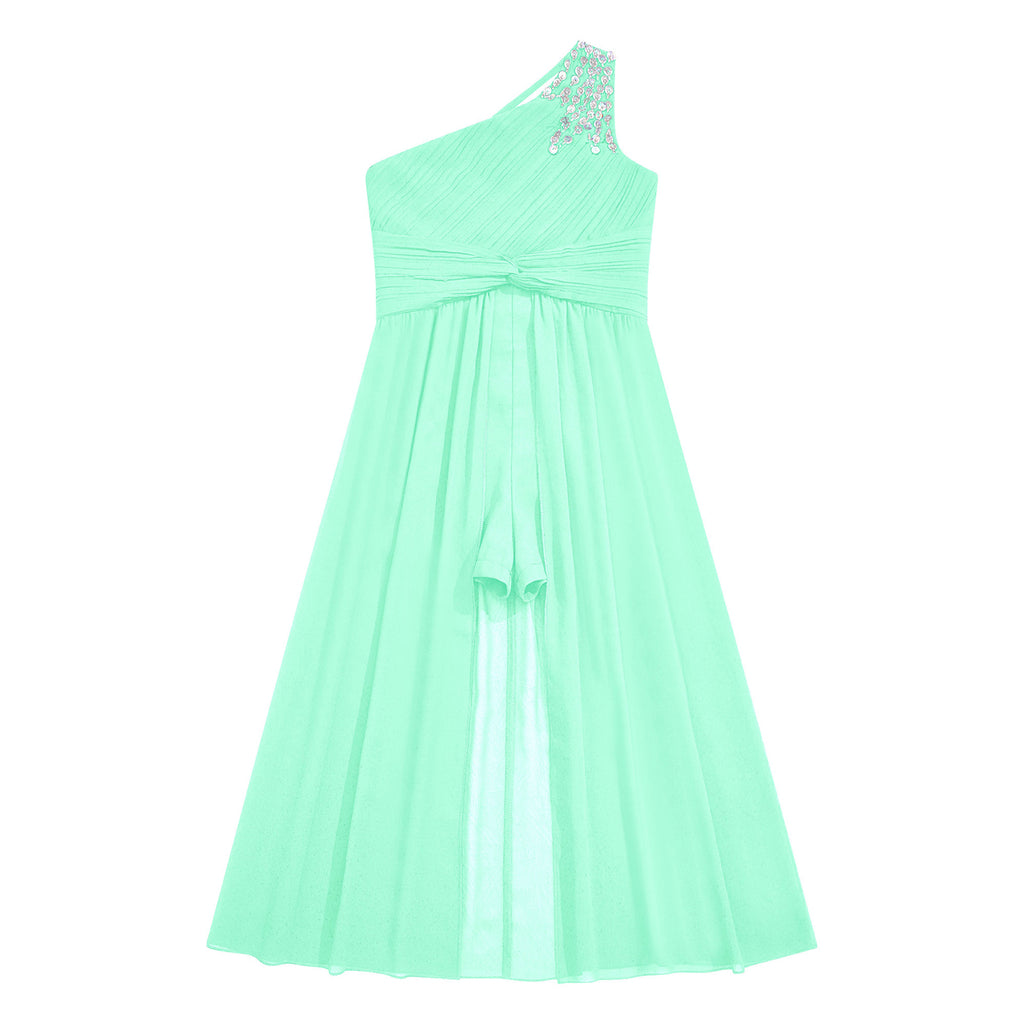6-16Y Kids Girls Elegant Shiny Beaded Party Dress One Shoulder Ruched Jumpsuit Skirt Princess Wedding Birthday Evening Prom Gown