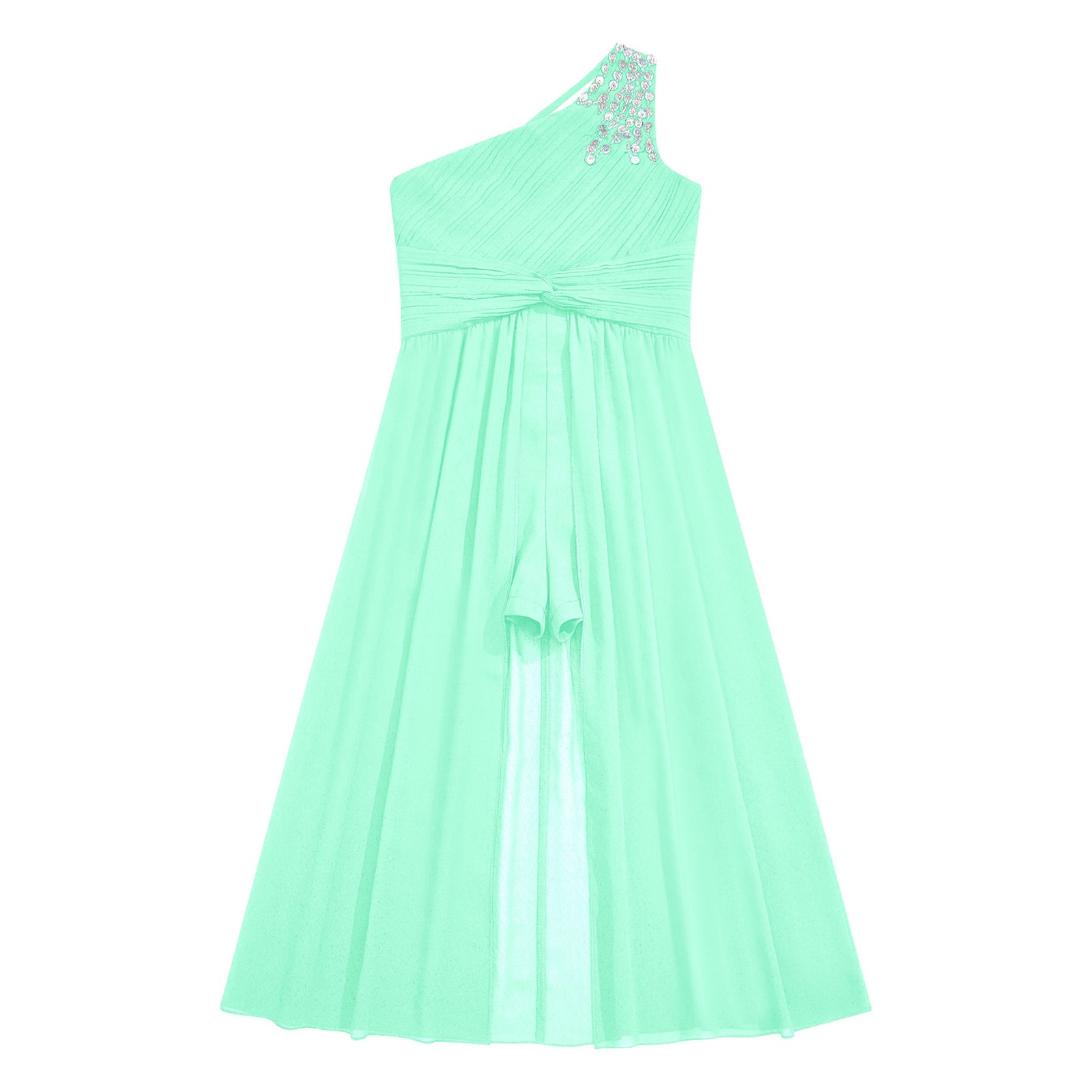 6-16Y Kids Girls Elegant Shiny Beaded Party Dress One Shoulder Ruched Jumpsuit Skirt Princess Wedding Birthday Evening Prom Gown