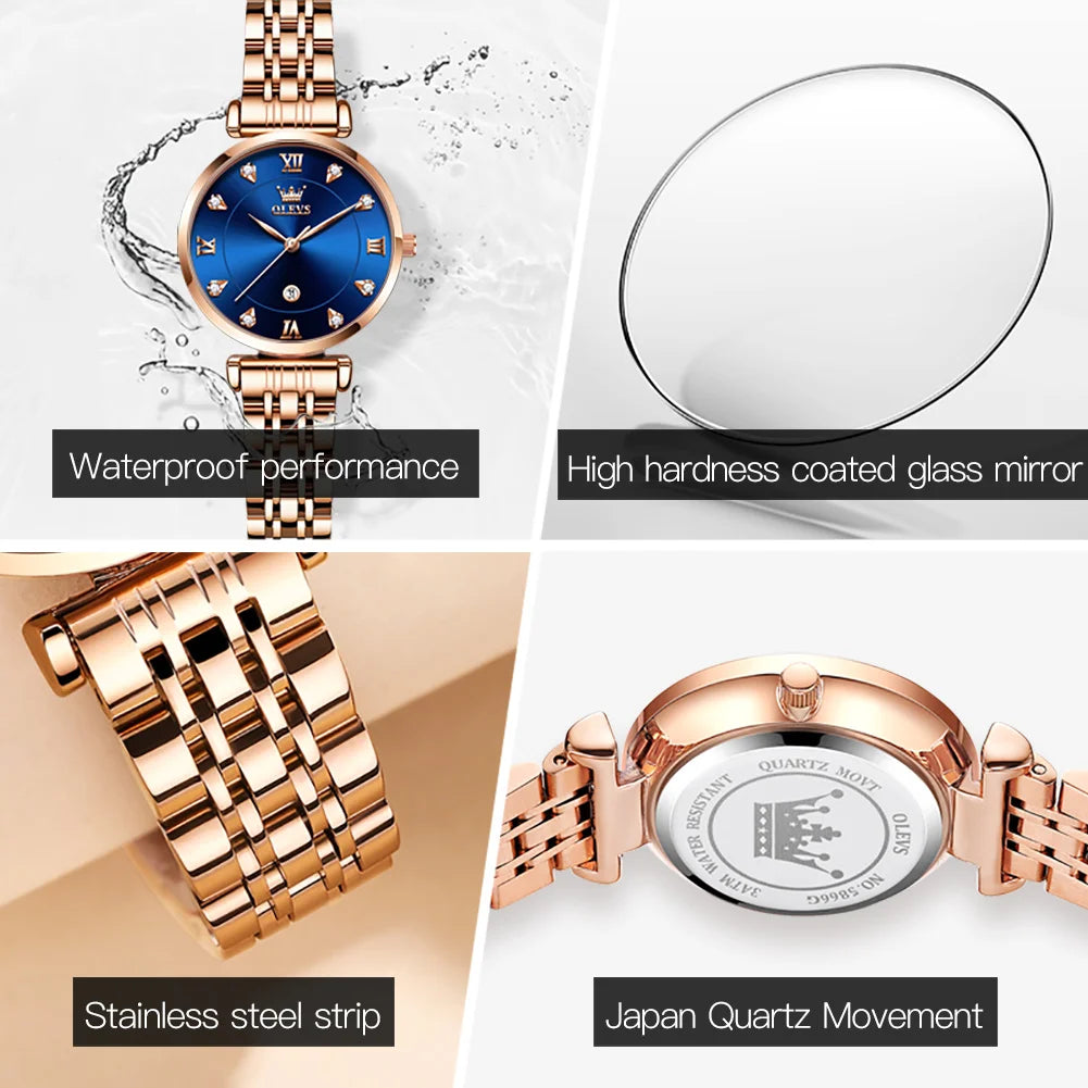 OLEVS 5866 Fashion Original Women's Watches Calendar Rose Diamond inlay Quartz watch Simplicity Versatile Brand Lady Wristwatch
