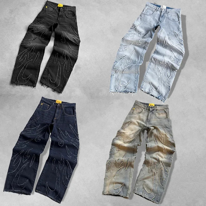 2025 New American Retro Flame Embroidery Baggy Women's Jeans Y2K Harajuku Hip Hop Gothic High Waist Wide Trousers Street Wear