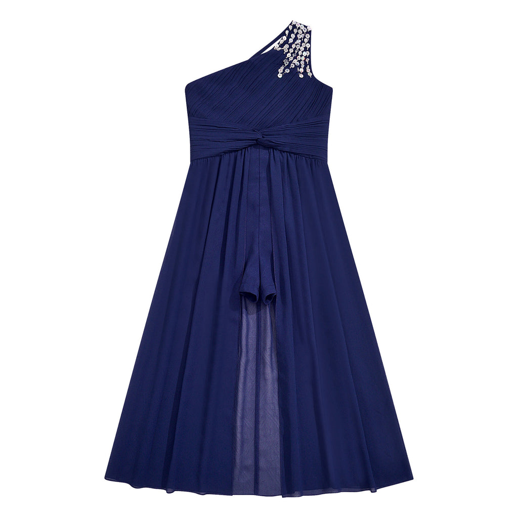 6-16Y Kids Girls Elegant Shiny Beaded Party Dress One Shoulder Ruched Jumpsuit Skirt Princess Wedding Birthday Evening Prom Gown