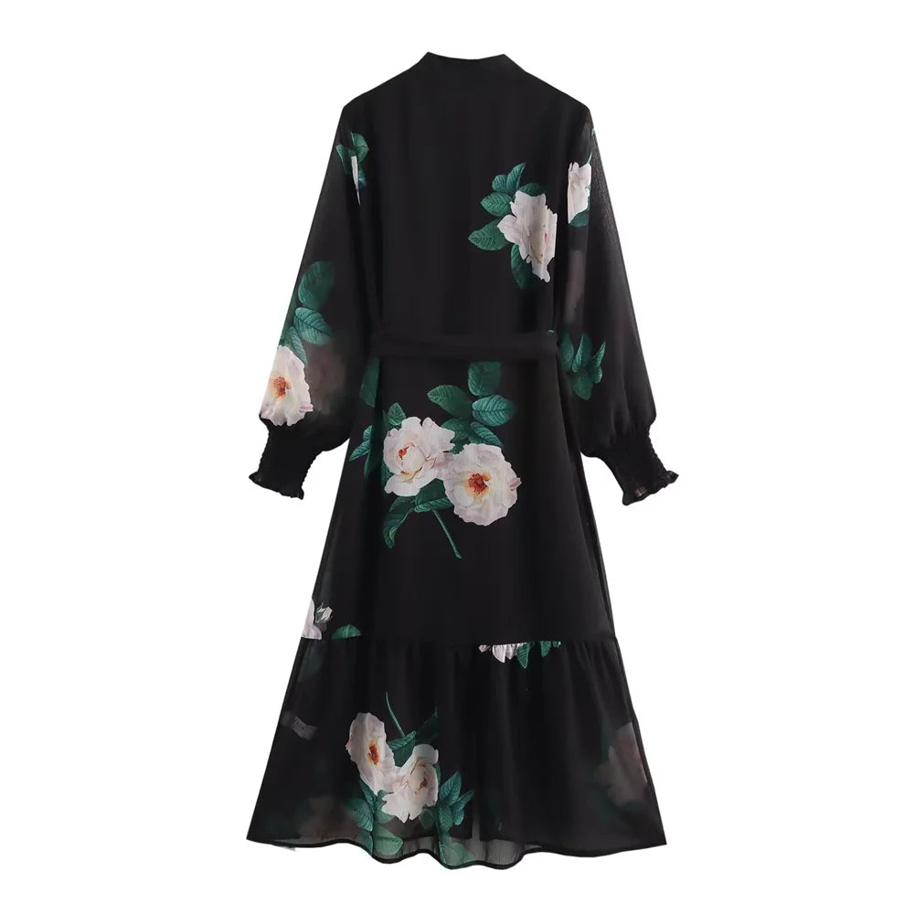 PB&ZA 2025 Women's Black Long Sleeve Maxi Dress with White Floral and Green Leaf Print Belted Waist and Tiered Hem