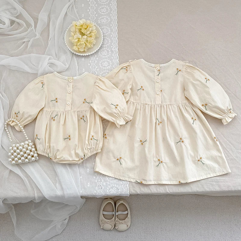 Autumn Newborn Baby Girls Jumpsuit Long Sleeve Cotton Flower Embroidery Toddler Baby Girl Bodysuits Baby Girls Clothes Lace bow