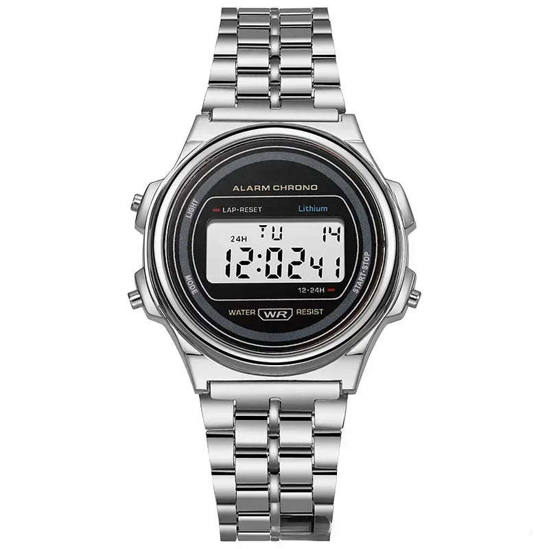 Women Casual LED Electronic Watch Man Retro Stainless Steel Watches for Women Unisex LED Digital Watch Multifunction Wristwatch