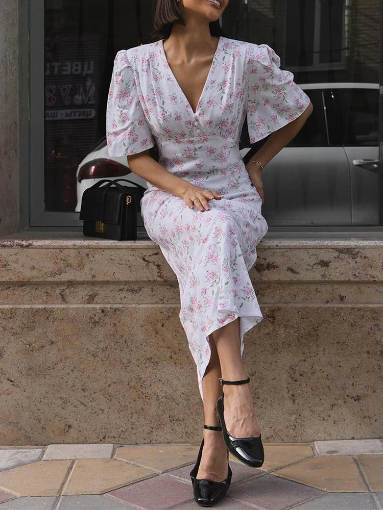 Summer Floral Print V Neck Maxi Dress Women's Elegant Short Sleeve High Waist Slim Casual Long Dress Temperament Female Vestidos
