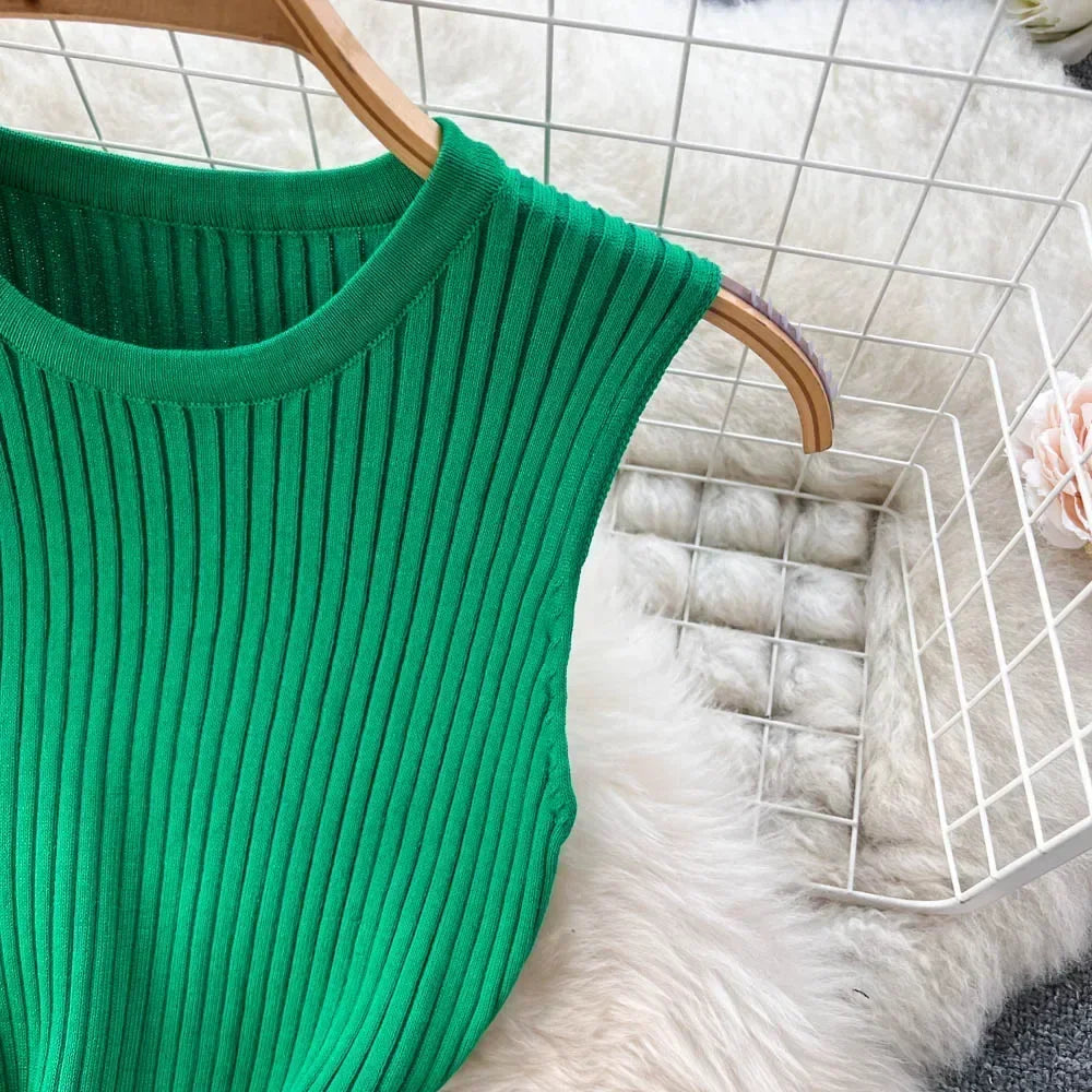 Abrini Summer Women Knitted Sexy Bodycon Dress O-Neck Sleeveless Ruffled Party Sundress High Street Elastic Slim Solid Dress