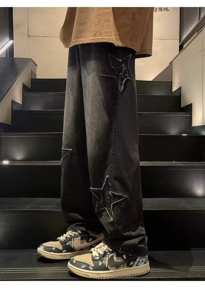 Star Embroidery Straight Casual Men Jeans Gothic Neutral New Wide Leg Loose Hip-hop Streetwear Denim Trousers Y2K pants man