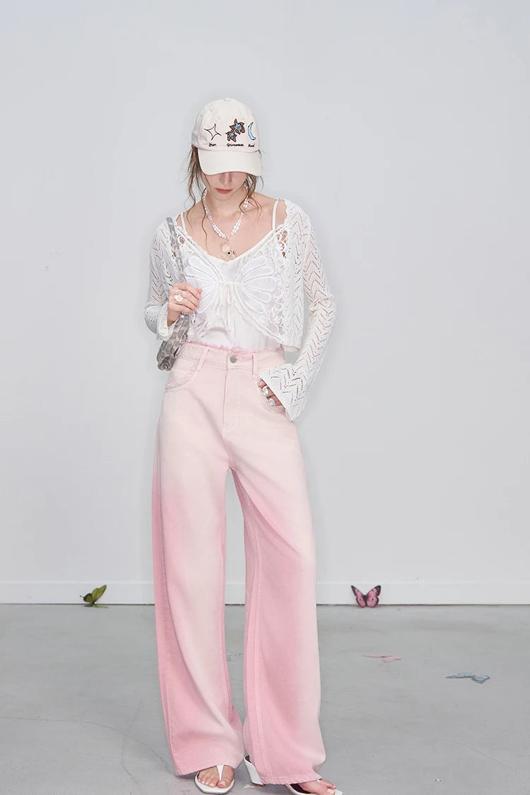 ELFSACK 2025 Spring New Arrivals Y2K Raw Edge High Waist Pink Gradient Jeans Women Sweet Wide Leg Pants