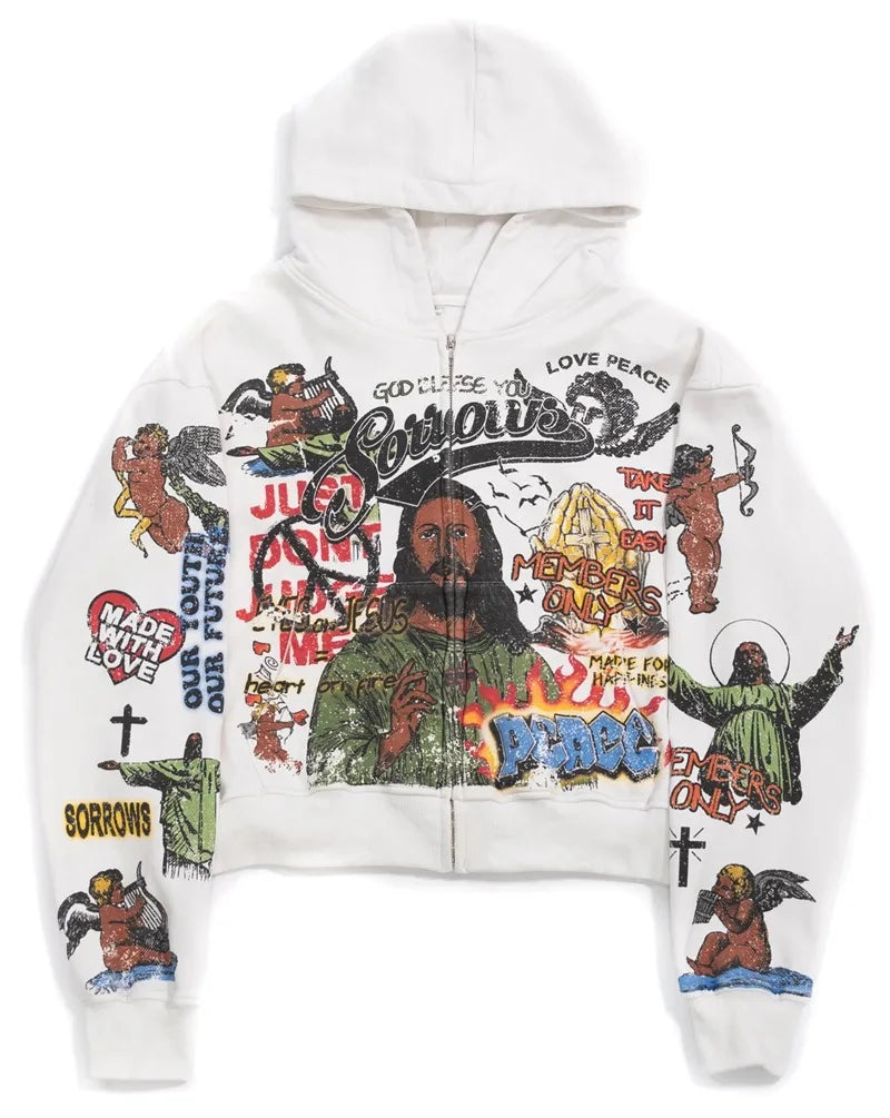Y2k Harajuku Trendy Brand Fashion Casual Zipper Hoodie Men High Street Hip-hop Rock Anime Print Oversized Sweatshirt Women