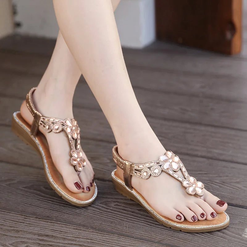 Woman Sandals Rhinestone Open Toe Fashion Female Shoes Solid Color Summer Open Toe Beach Sandalias Non-Slip