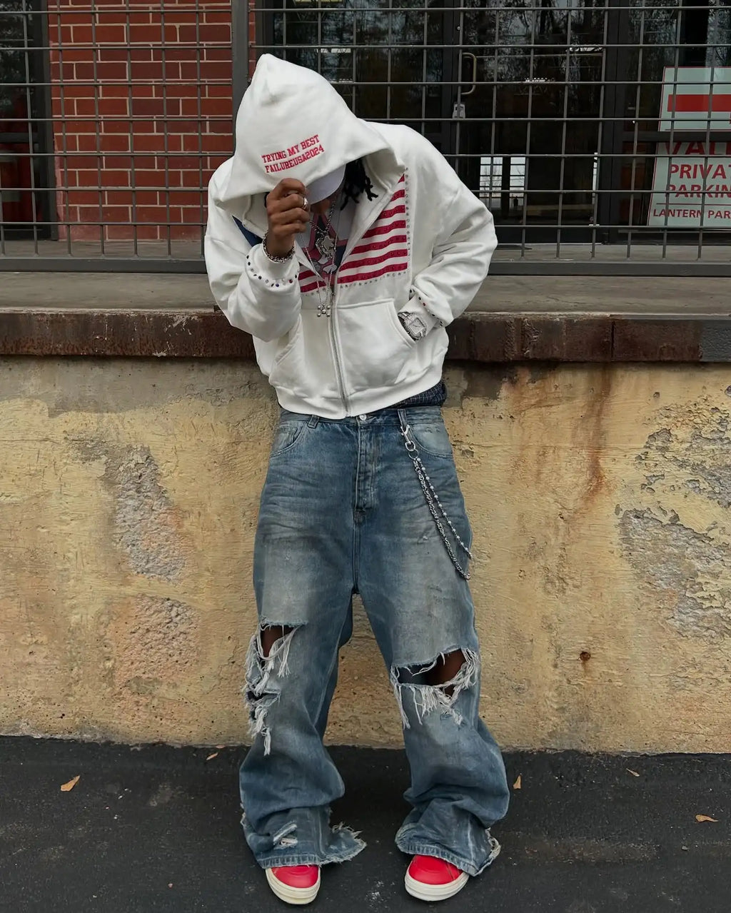 US Fashion Streetwear America Rhinestone Embroidery Zip Up Hoodie Y2k Oversized Loose White Cotton Sweatshirt Couple Y2k Clothes