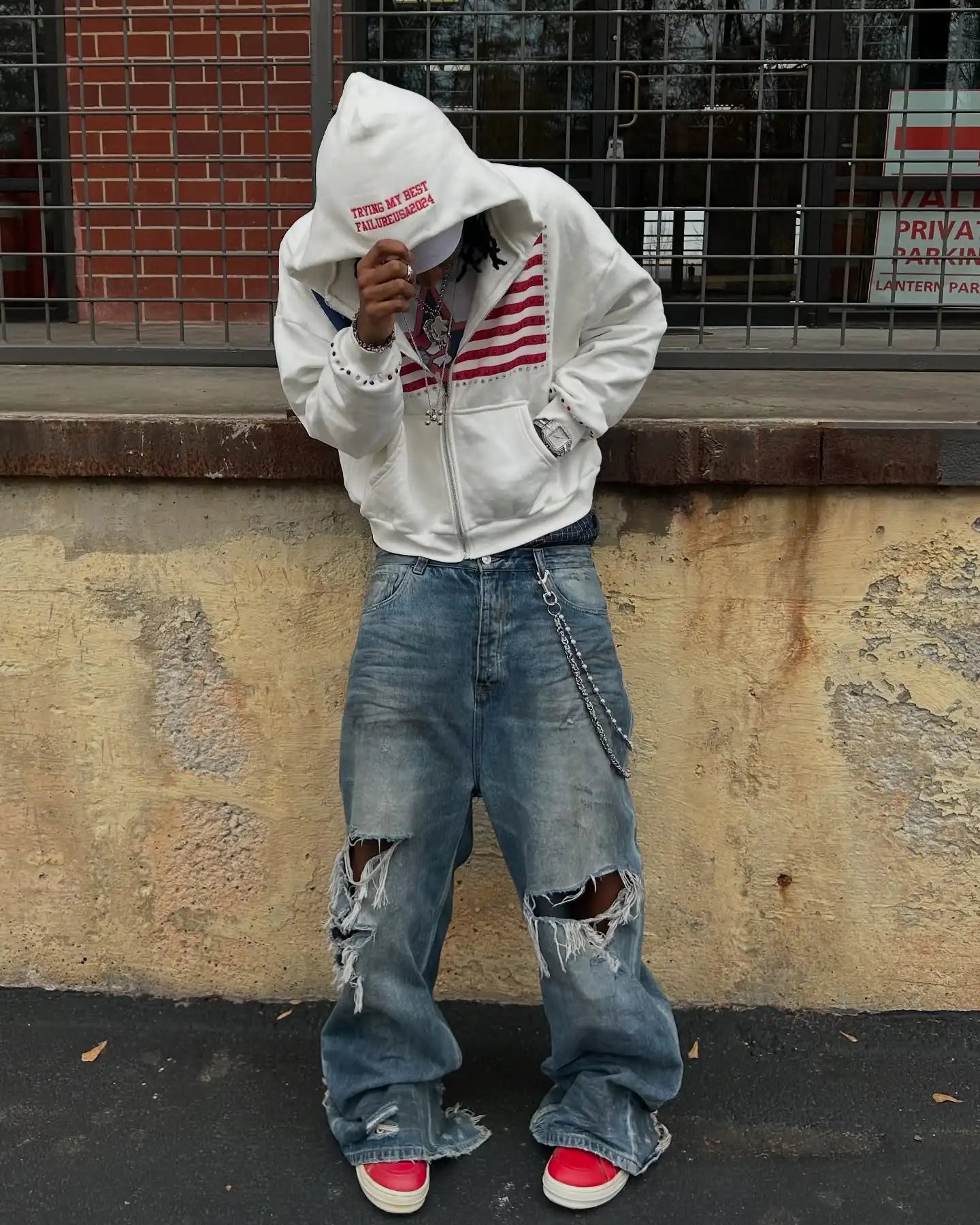 US Fashion Streetwear America Rhinestone Embroidery Zip Up Hoodie Y2k Oversized Loose White Cotton Sweatshirt Couple Y2k Clothes