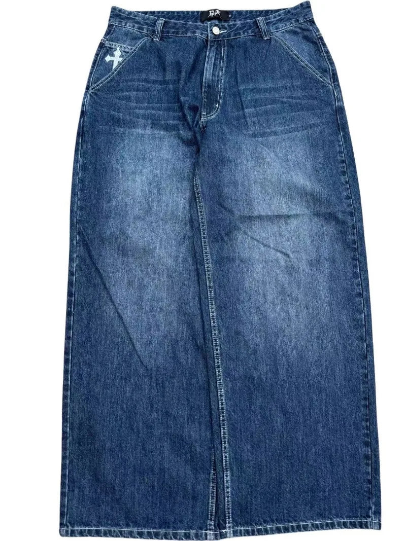 New Vintage Washed Embroidered Jeans Trend Hip Hop Men Y2k Straight Leg Wide Leg Pants Couple Trend Casual Loose Street Pants
