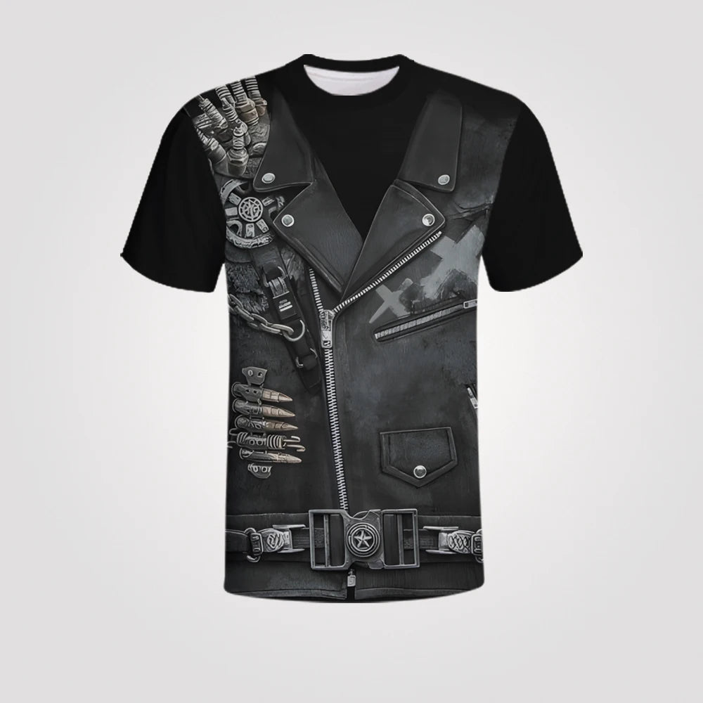 Jeans Jacket 3D Print T-shirts For Men Oversized Short Sleeve Clothing Leather Printing Round Neck Vintage Summer Biker Jacket