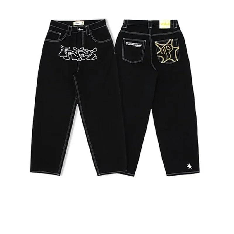 2025 New American Retro Flame Embroidery Baggy Women's Jeans Y2K Harajuku Hip Hop Gothic High Waist Wide Trousers Street Wear