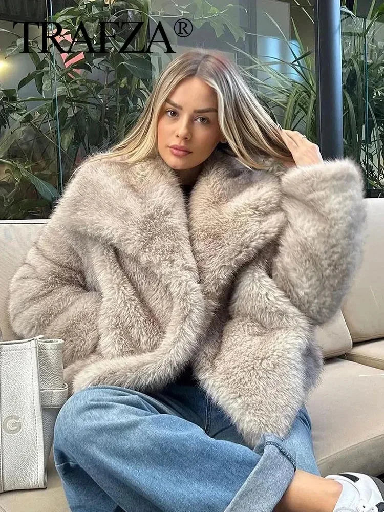 TRAFZA Winter Women Warm Faux Fur Coat Elegant Solid Loose Long Sleeve Thick Jacket Pockets Female Fashion Oversized Outerwear